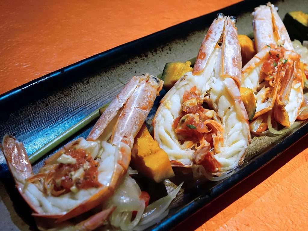 prawn, shrimp, pumpkin, seafood, grilled, cuisine, food, cooked, fusion, restaurant